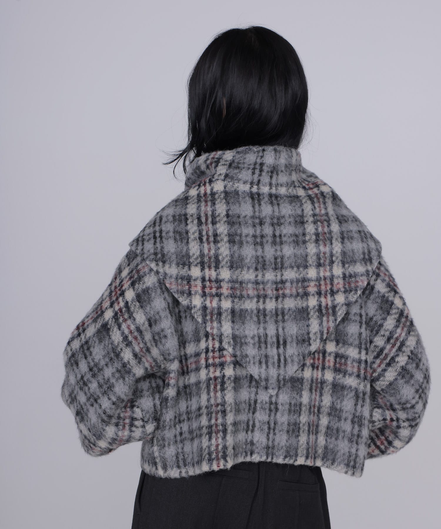 check shaggy scarf jacket