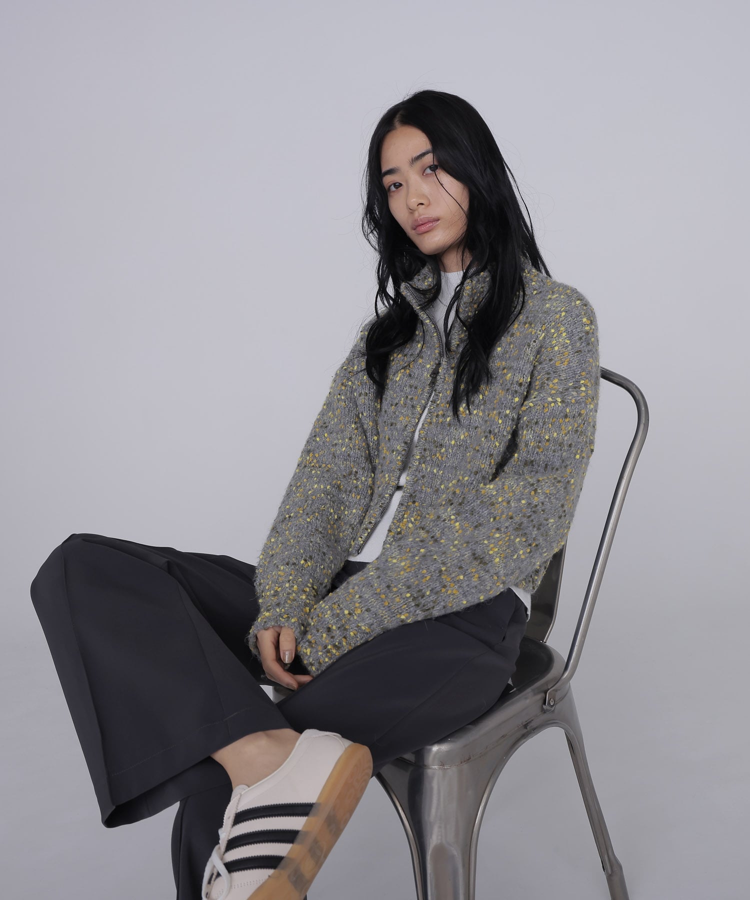 mix color short ZIP knit jacket