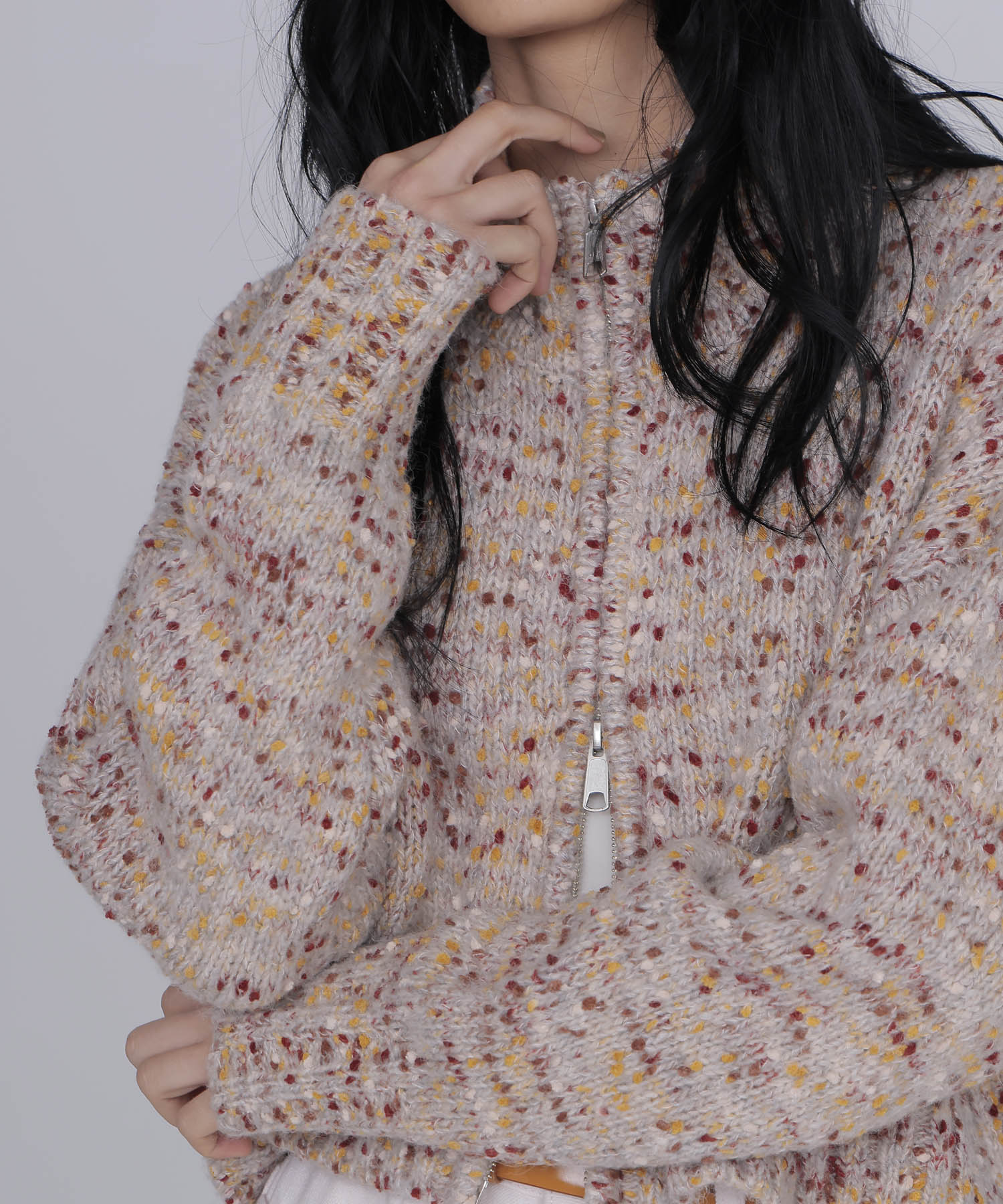 mix color short ZIP knit jacket