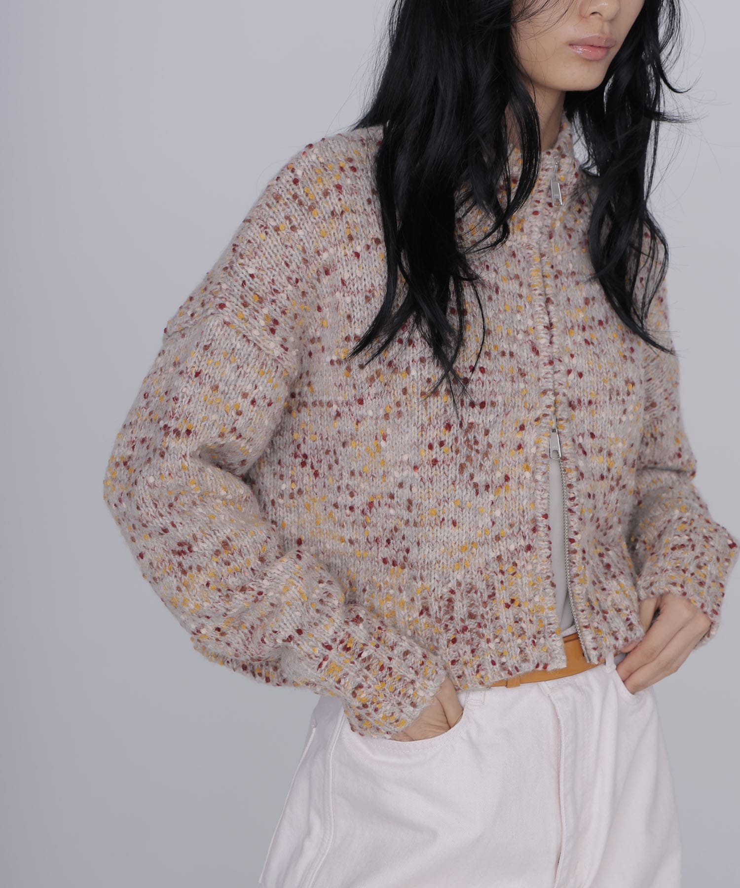 mix color short ZIP knit jacket