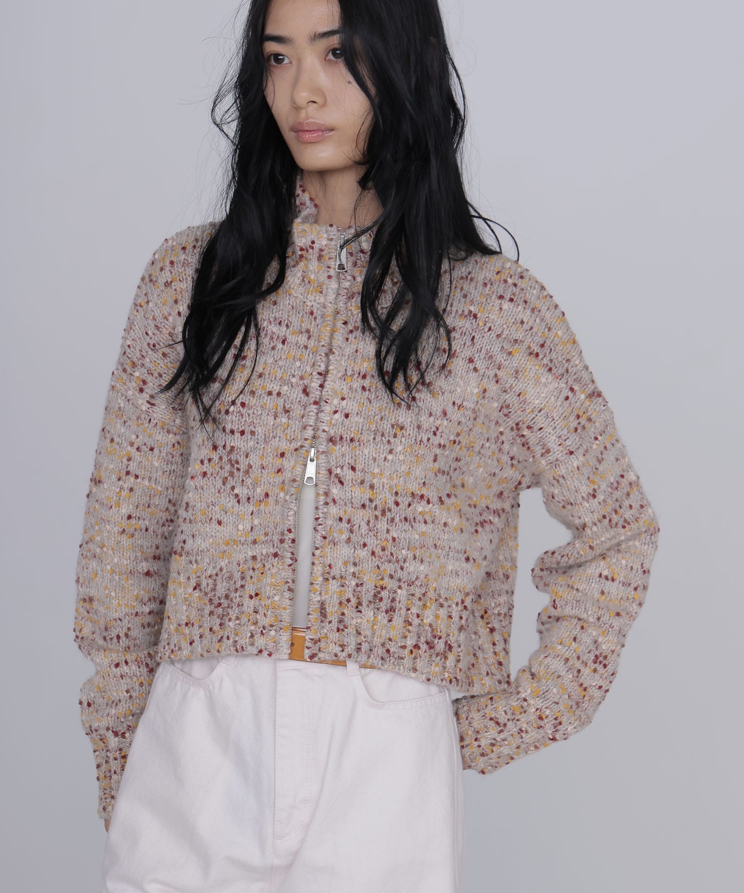 mix color short ZIP knit jacket
