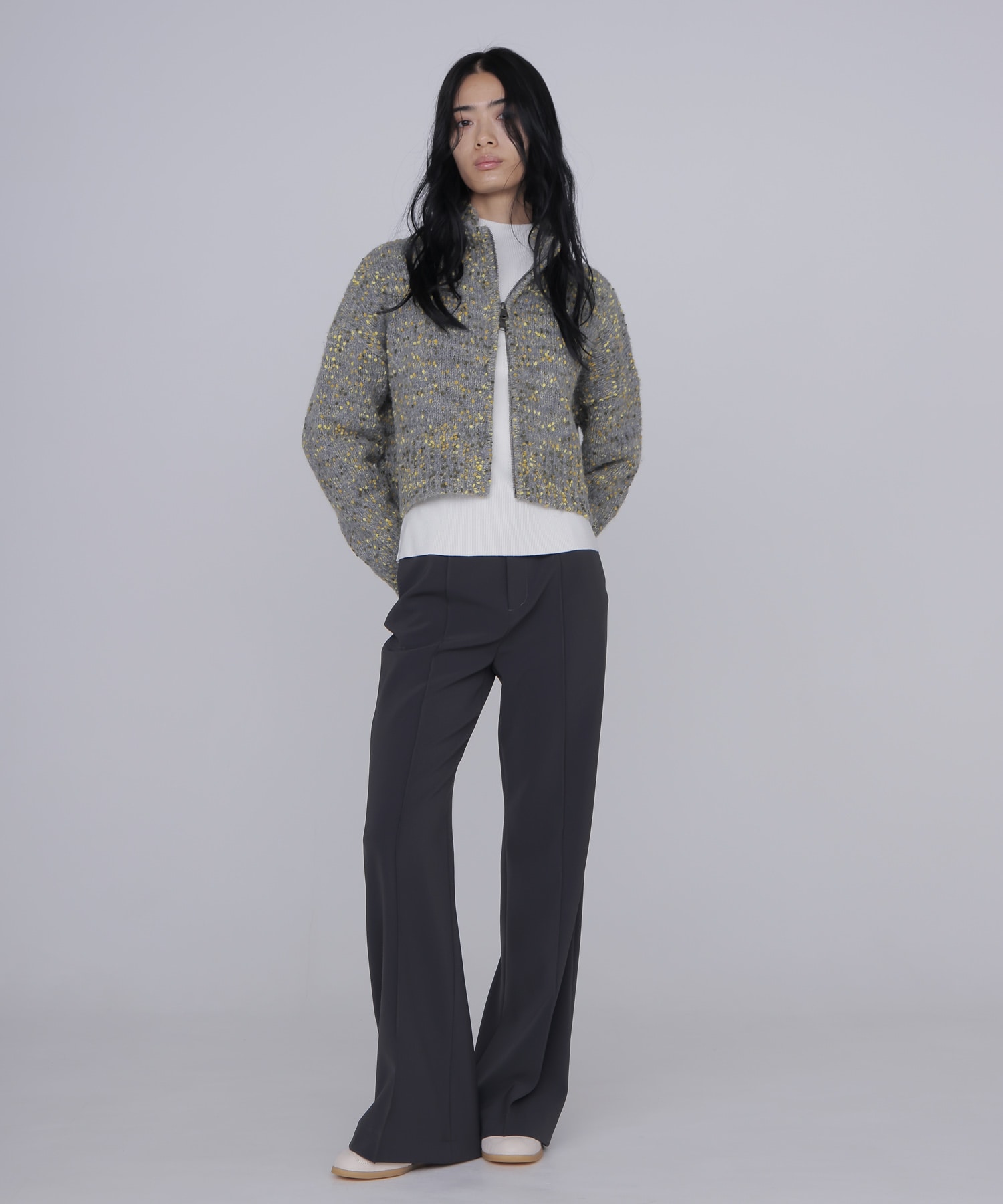 mix color short ZIP knit jacket