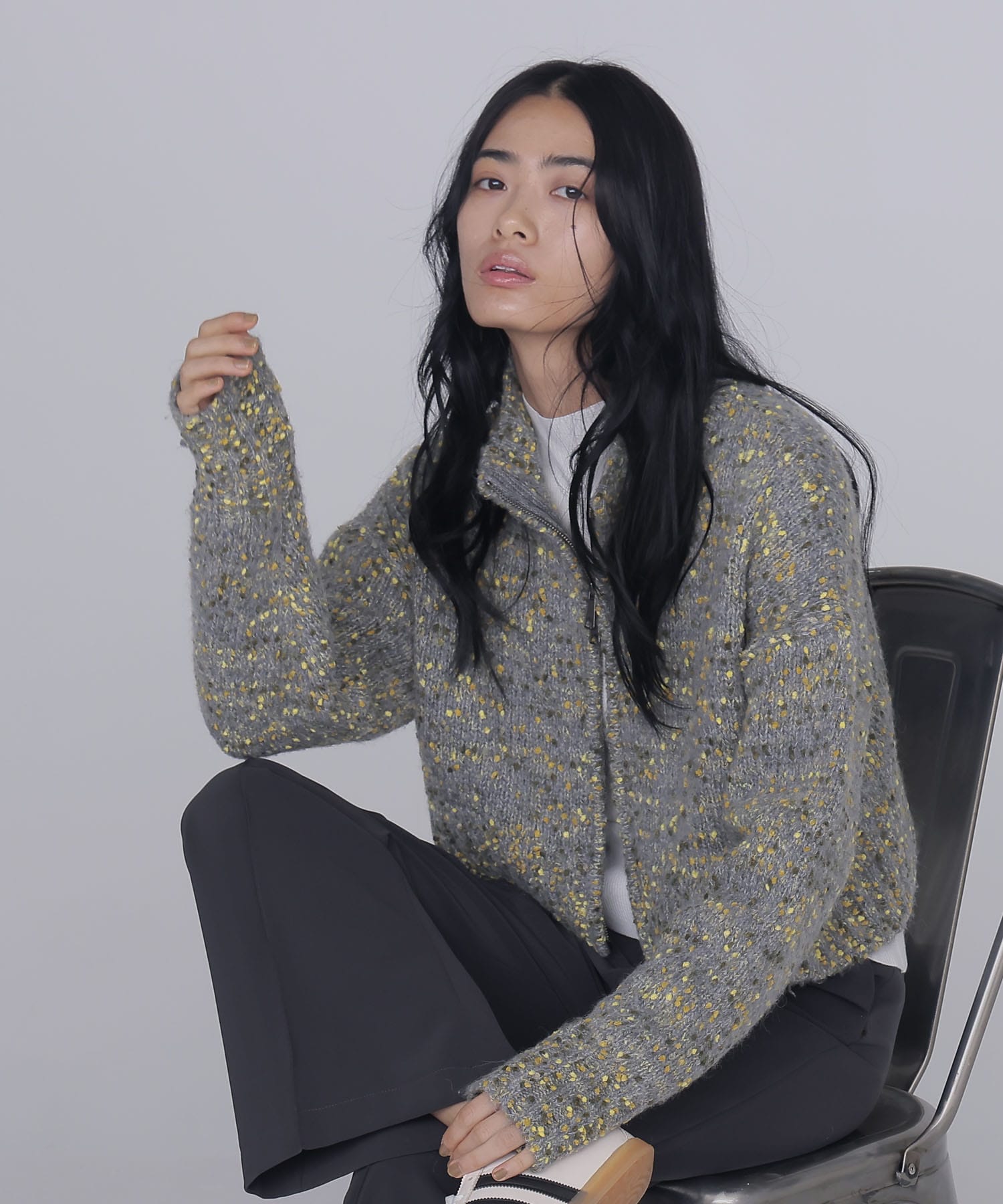 mix color short ZIP knit jacket