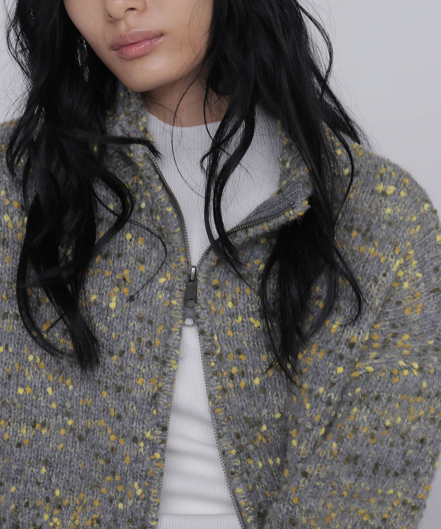 mix color short ZIP knit jacket