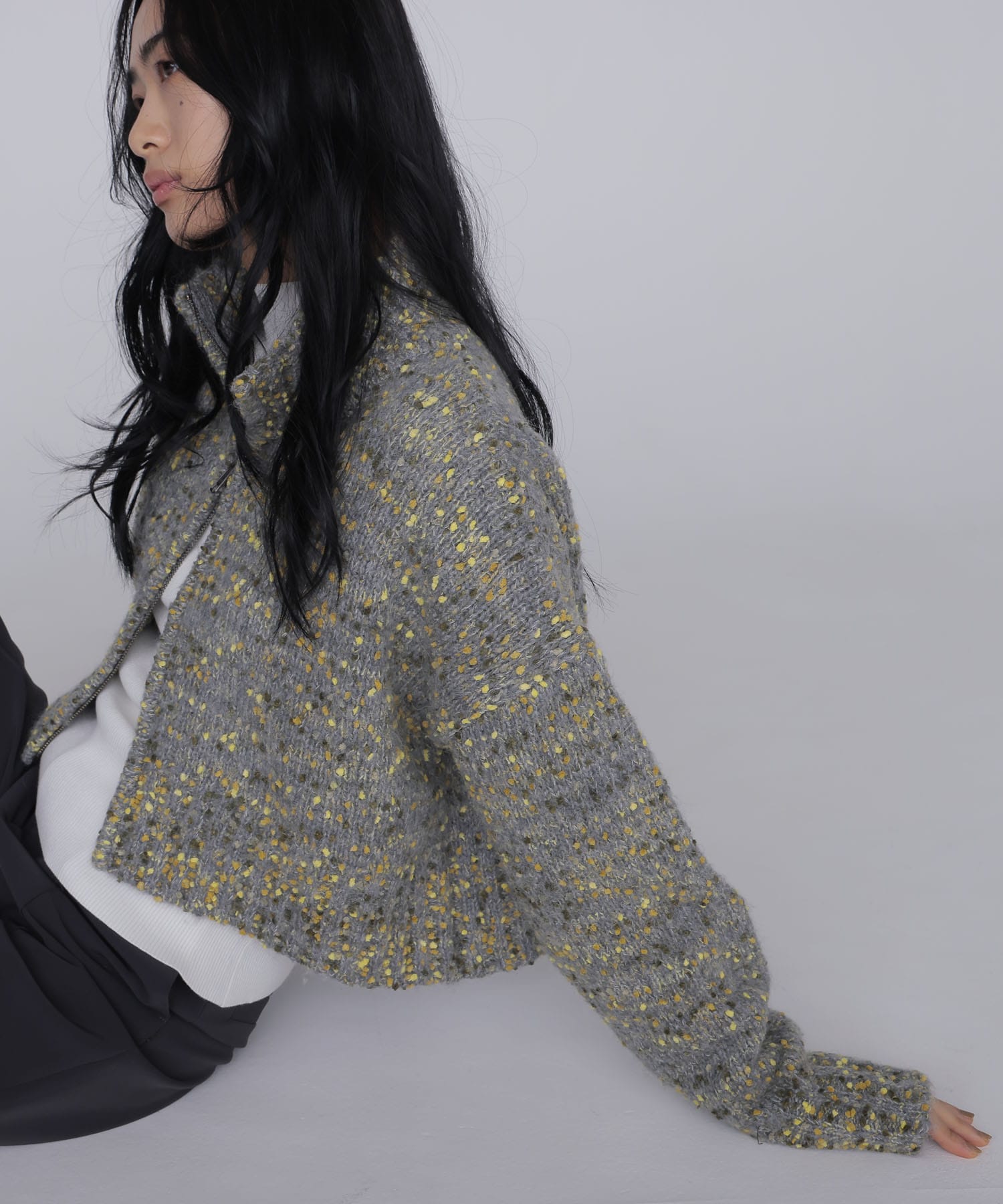 mix color short ZIP knit jacket