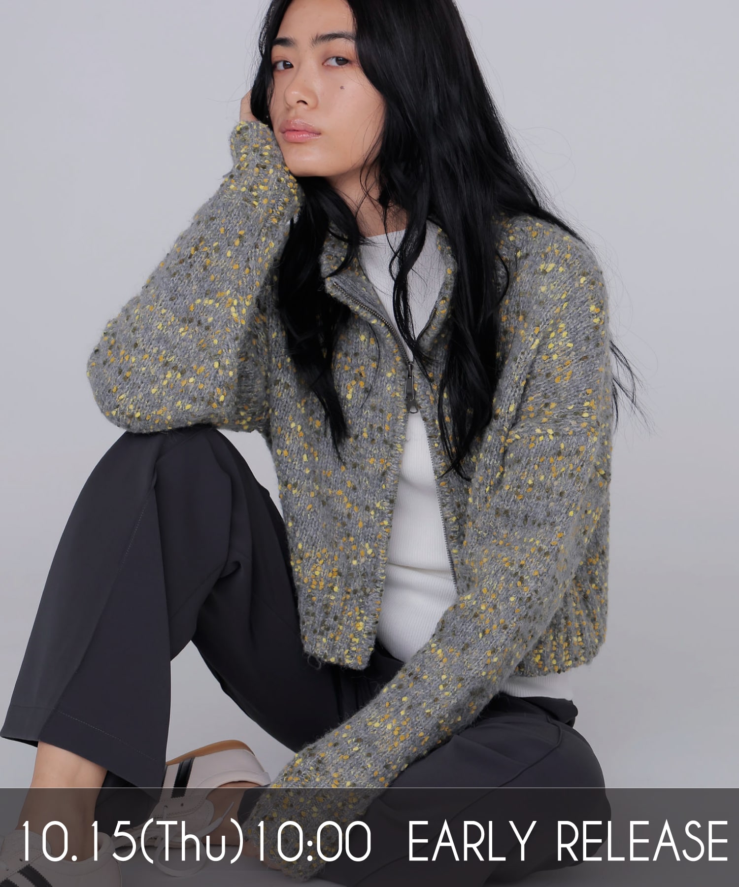 mix color short ZIP knit jacket