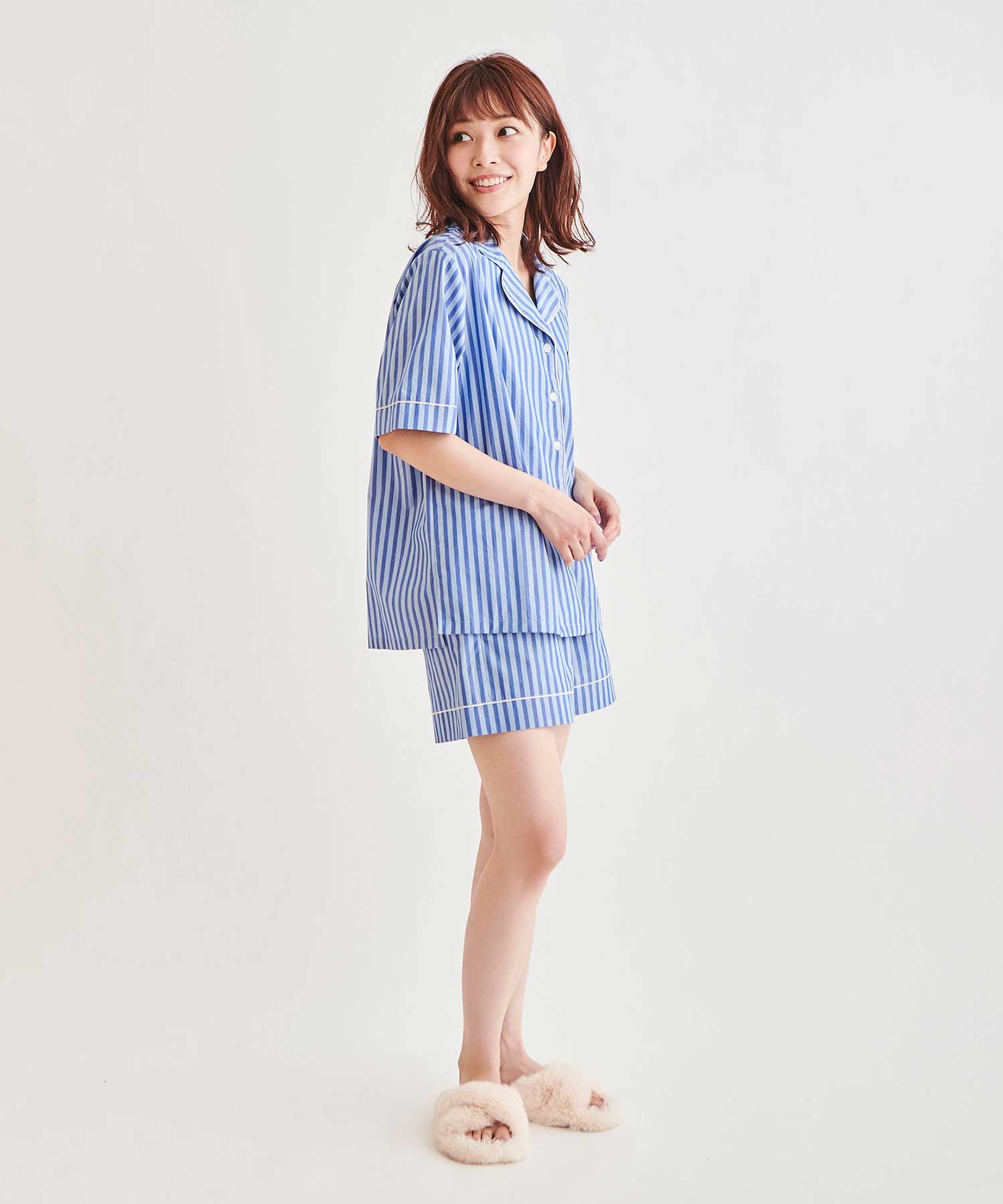 【stripe fabric】ハーフスリーブパジャマシャツ