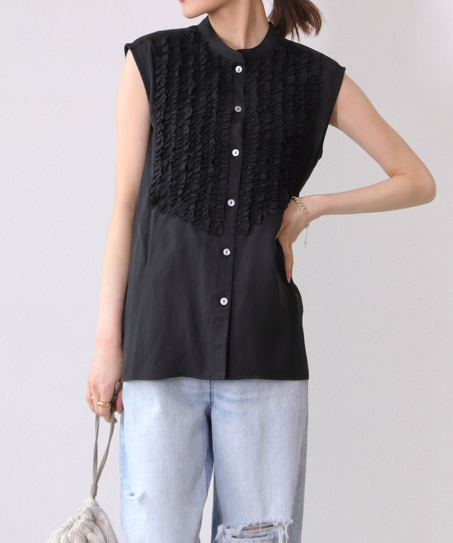 PICCIN/ピッチン】リネン混ノースリーブフリルシャツブラウス AND ON JIONE STORE（アンドオン）ジオン商事公式オンラインストア