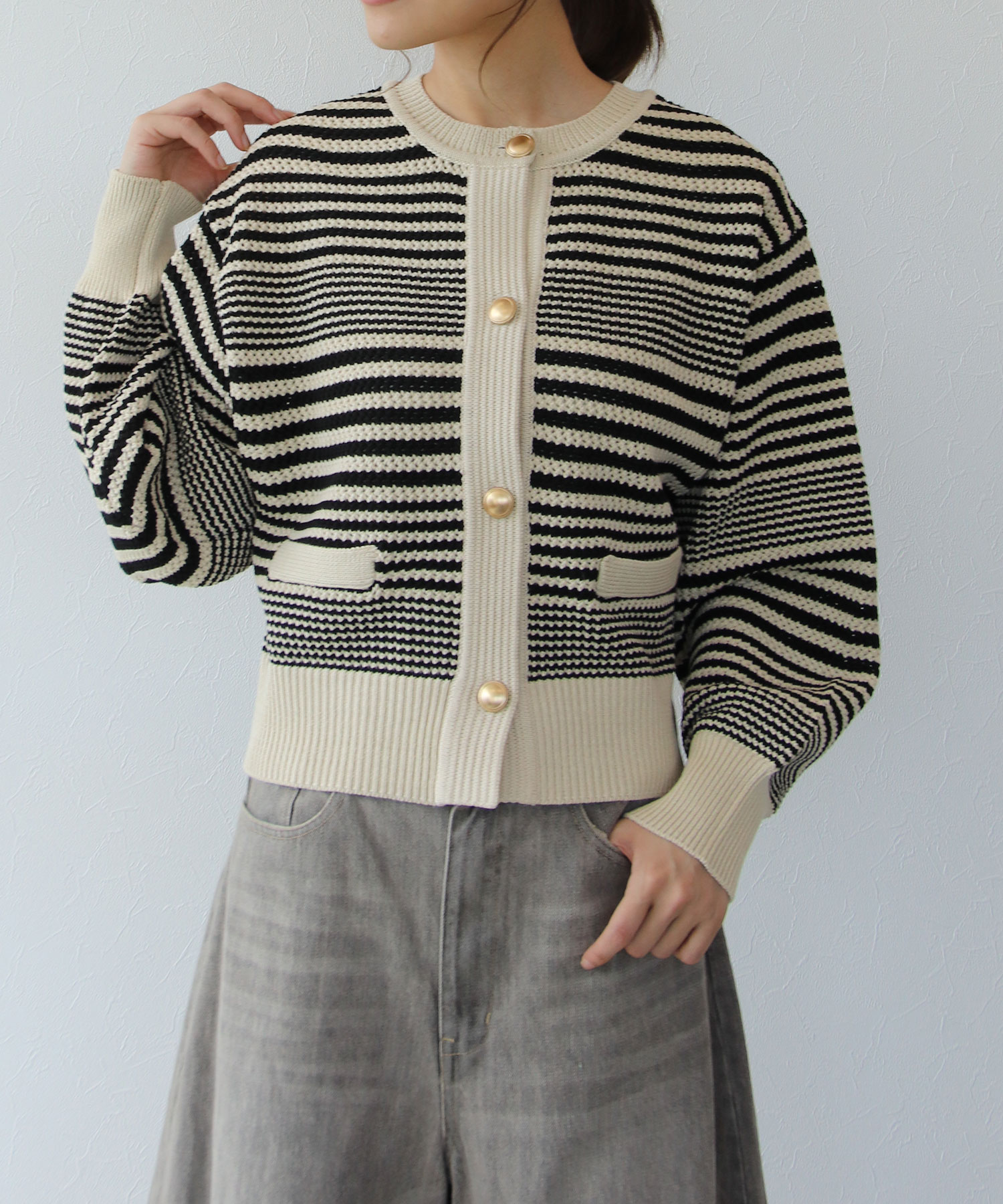 MAKENZIE CARDIGAN ♡ ボーダー　ビジュー　ボタン　カーディガン