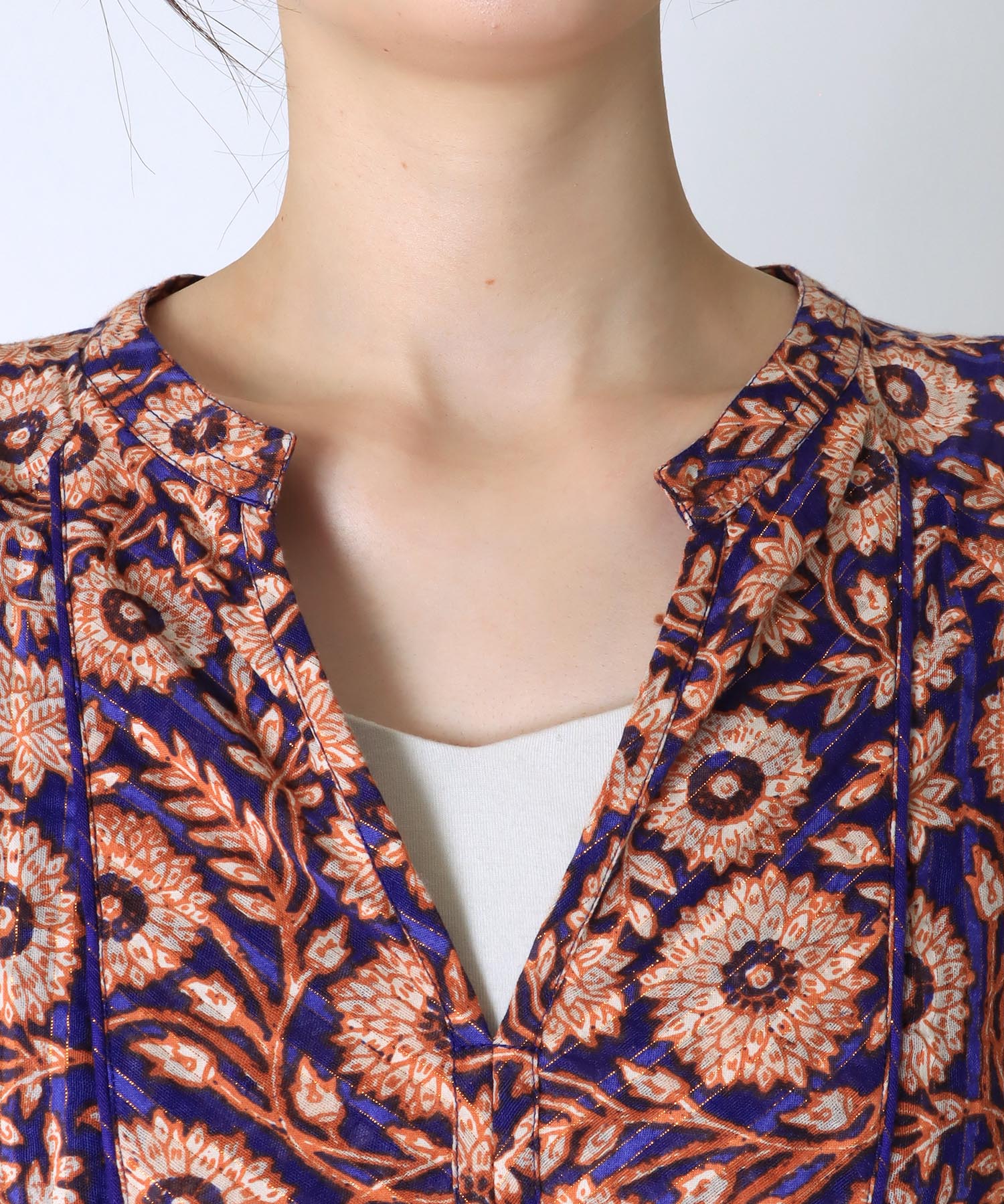 ヌキテパCotton Stripe Flower Print Blouse