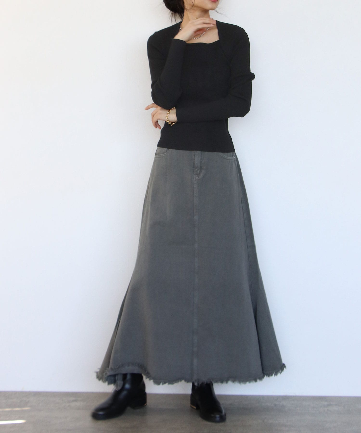 【レイヤード風】スクエアリブニットプルオーバー