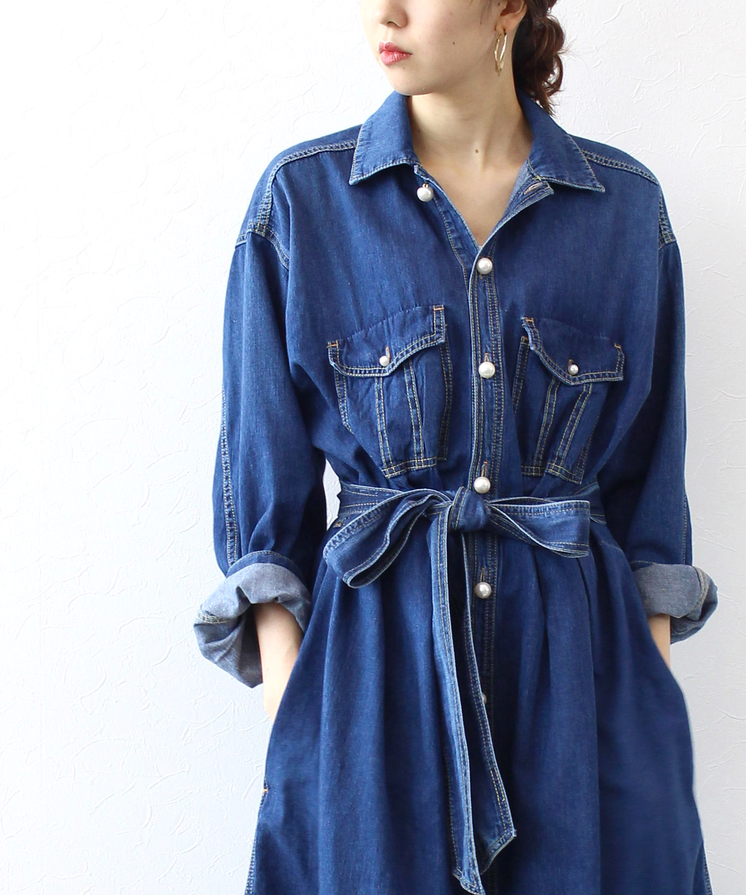スーパーセール期間限定 新品 ドレスレイブ パール釦 デニムワンピース ロングワンピース Guyanacarnival592 Com