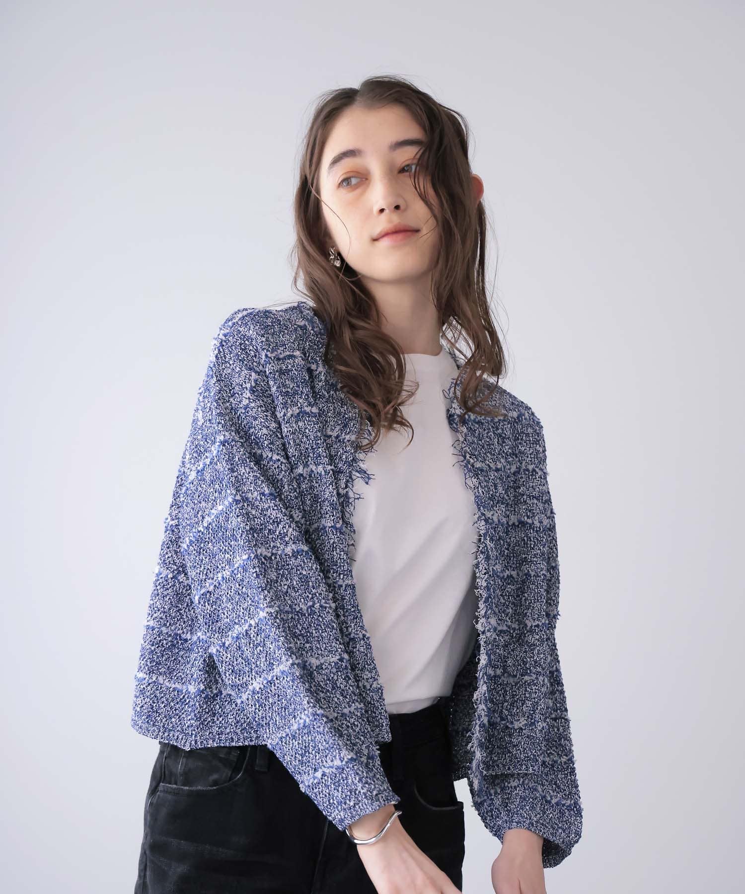 和紙ボーダーフリンジカーディガン